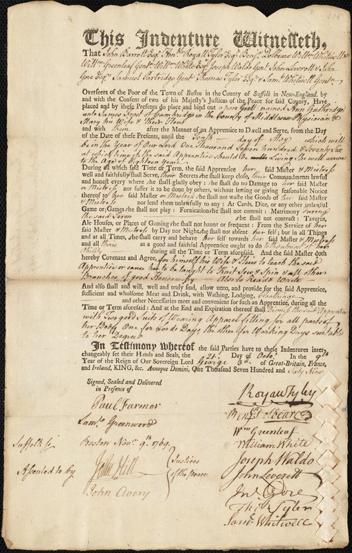 Ann Guthridge indentured to apprentice with James Frost of Cambridge, 21 October 1769