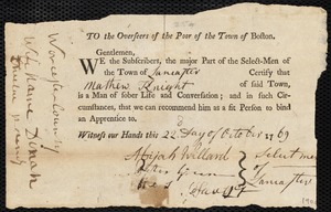 John Godfrey indentured to apprentice with Matthew Knight of Lancaster, 26 October 1769