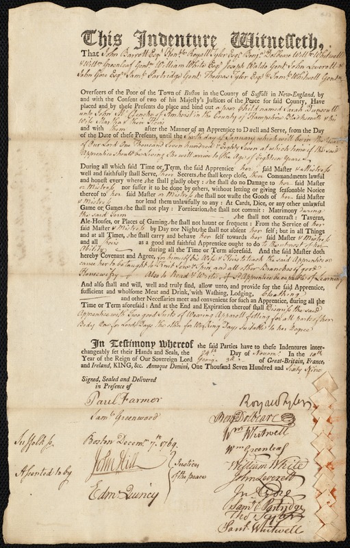 Sarah Dunscutt indentured to apprentice with John McClenche of Amherst, 24 November 1769