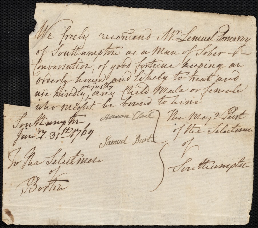 Mary Barrett indentured to apprentice with Lemuel Pomeroy of Southampton, 1769
