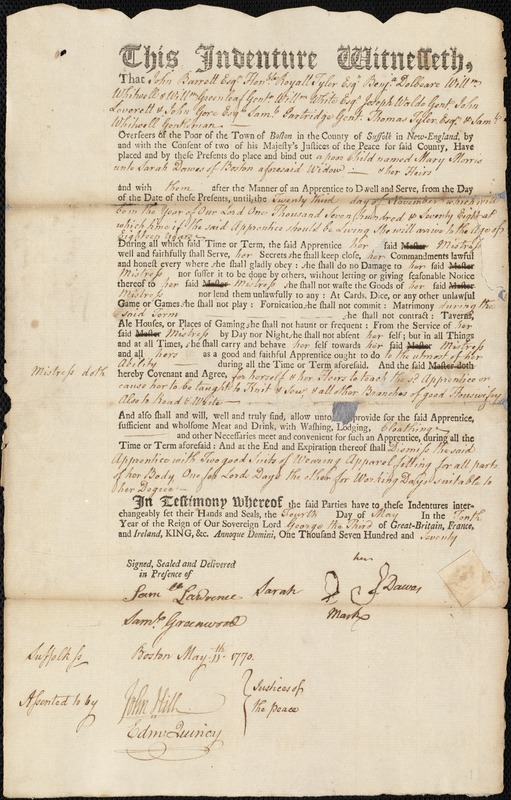 Mary Morris indentured to apprentice with Sarah Dawes of Boston, 4 May 1770