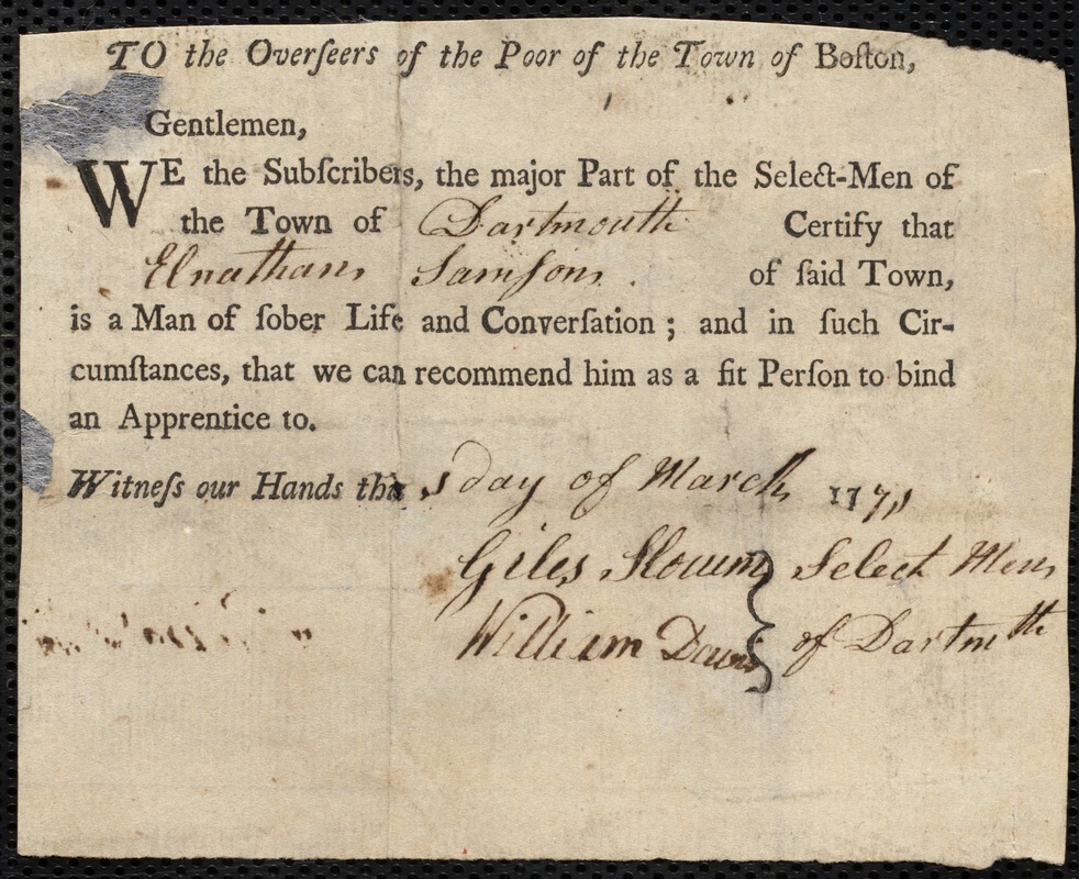 John Gilbert indentured to apprentice with Elnathan Samson of Dartmouth, 17 December 1770
