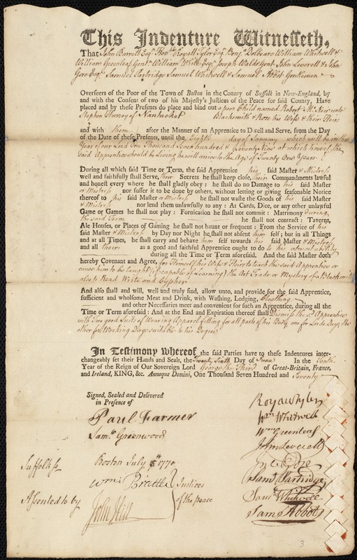 Robert McNair indentured to apprentice with Stephen Hussey of Nantucket, 26 June 1770