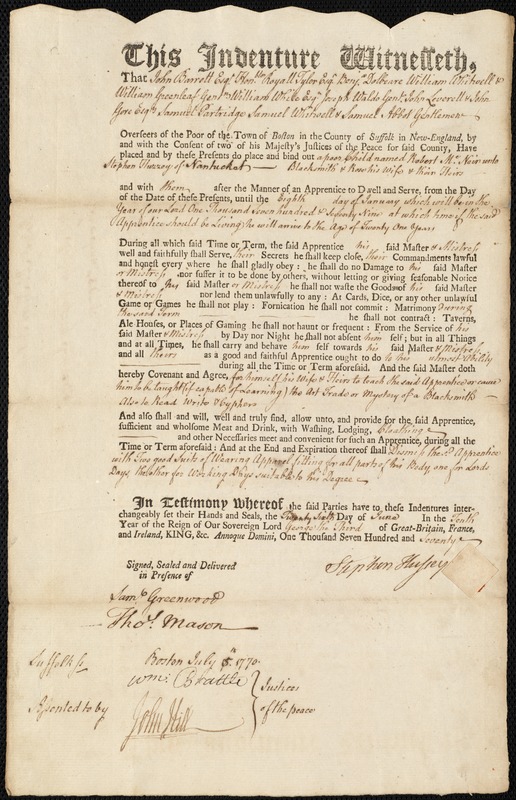 Robert McNair indentured to apprentice with Stephen Hussey of Nantucket, 26 June 1770
