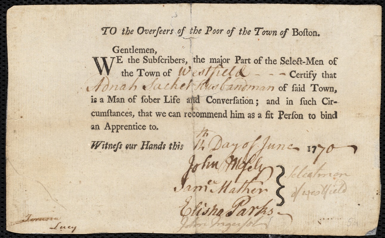 William Ross indentured to apprentice with Adnah [Adnen] Sackett [Sacket] of Westfield, 30 June 1770
