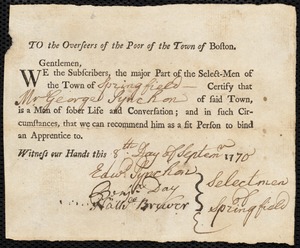 Lydia Rhodes indentured to apprentice with George Pynchon of Springfield, 19 July 1770