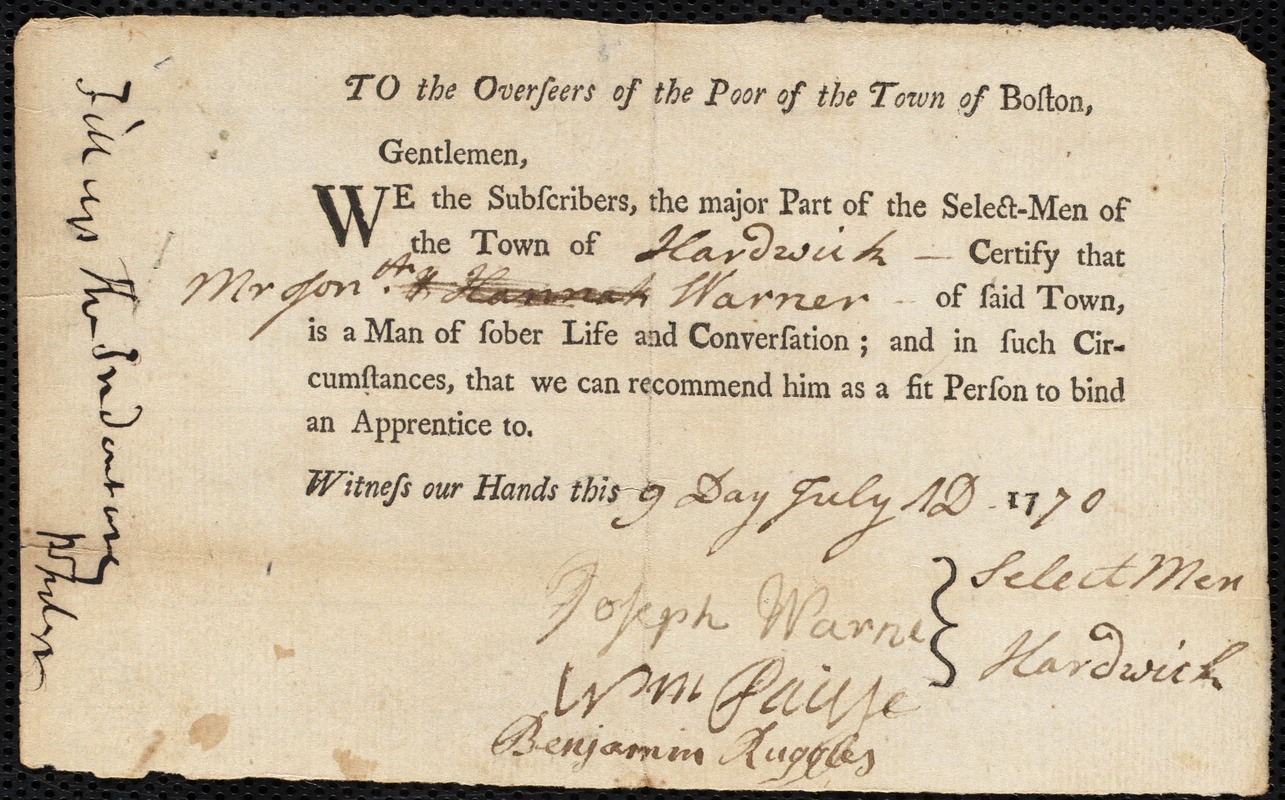 Margaret [Margarett] Burton indentured to apprentice with Jonathan Warner of Hardwick, 1 November 1770