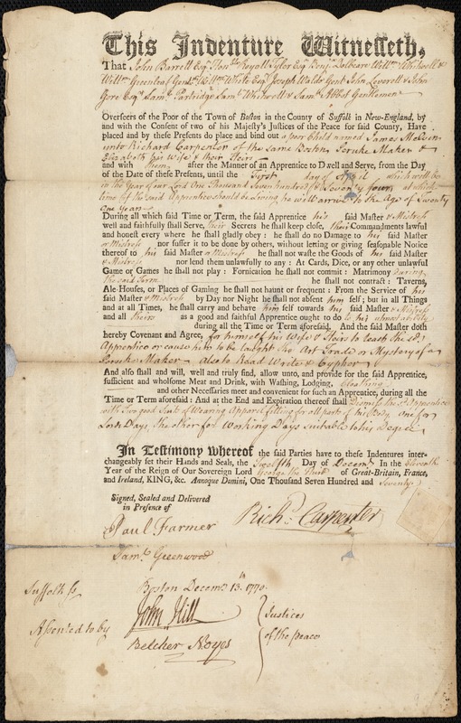 James Melvin indentured to apprentice with Richard Carpenter of Boston, 12 December 1770