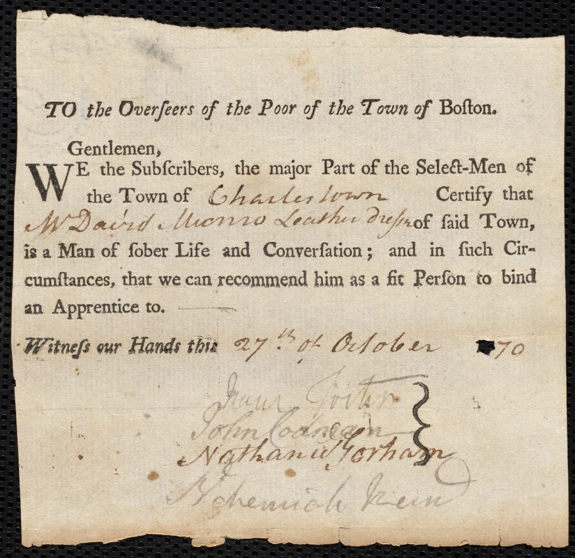 William Newhall indentured to apprentice with David Munro of Charlestown, 7 November 1770