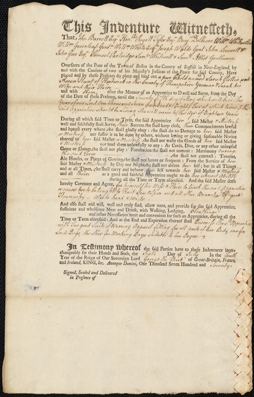 Sarah Pattin indentured to apprentice with Aaron Hunt of Hardwick, 6 July 1770