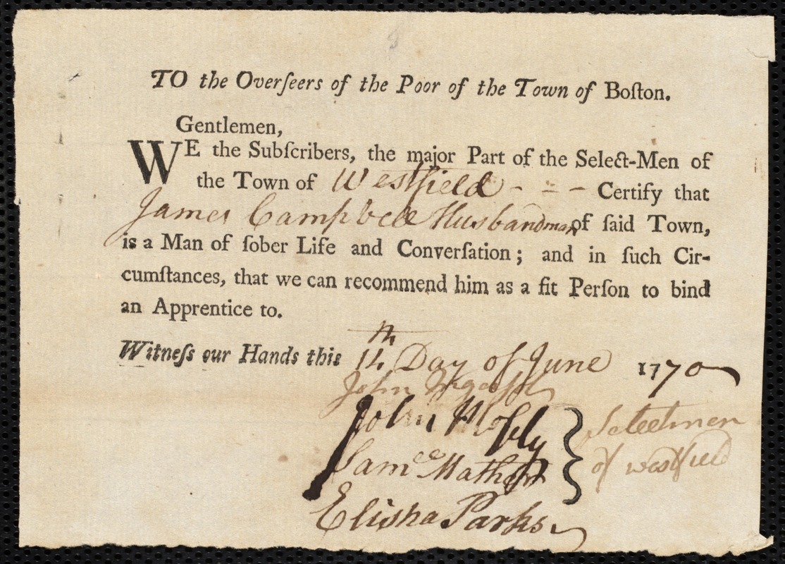 Andrew Dunn indentured to apprentice with James Campbell of Westfield, 6 June 1770