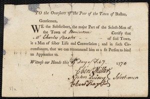 Lydia Green indentured to apprentice with Charles Baxter of Braintree, 1 March 1770