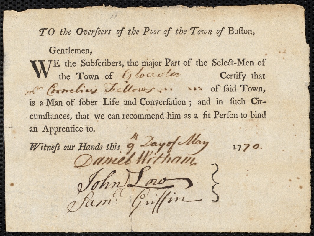 Sarah Fothergill indentured to apprentice with Cornelius Fellows of Gloucester, 17 May 1770