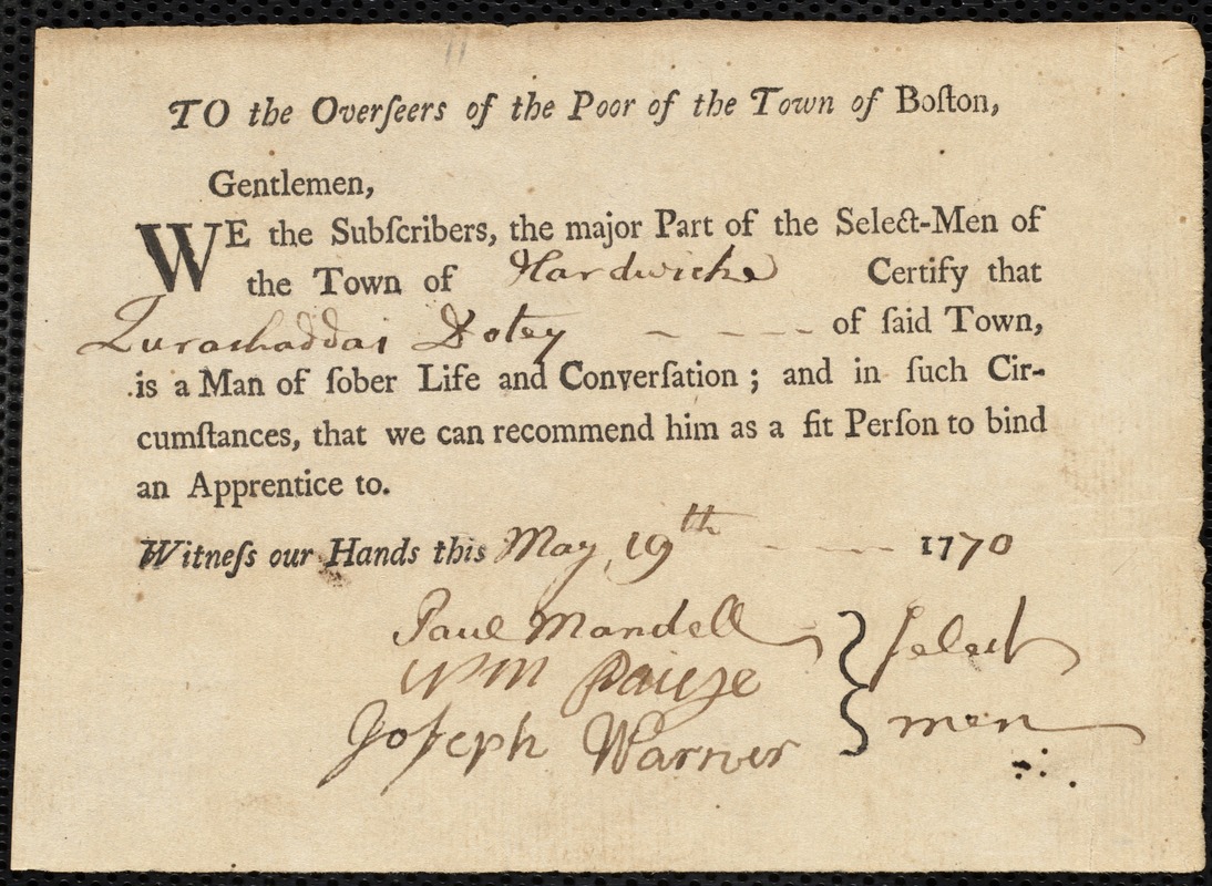 Mary Fothergill indentured to apprentice with Zurashaddai Doty [Dotey] of Hardwick, 23 May 1770