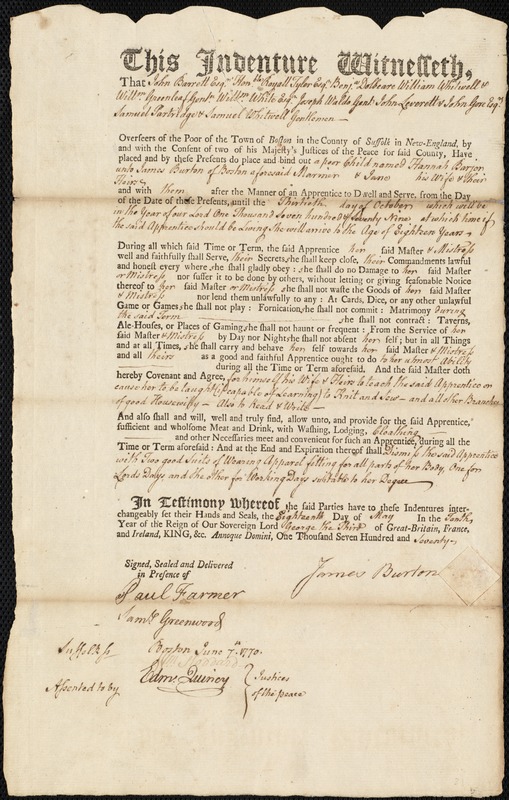 Hannah Barjer indentured to apprentice with James Burton of Boston, 18 May 1770