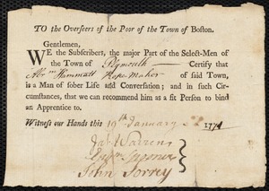 Ebenezer Blancher indentured to apprentice with Abraham Hammatt of Plymouth, 24 January 1771
