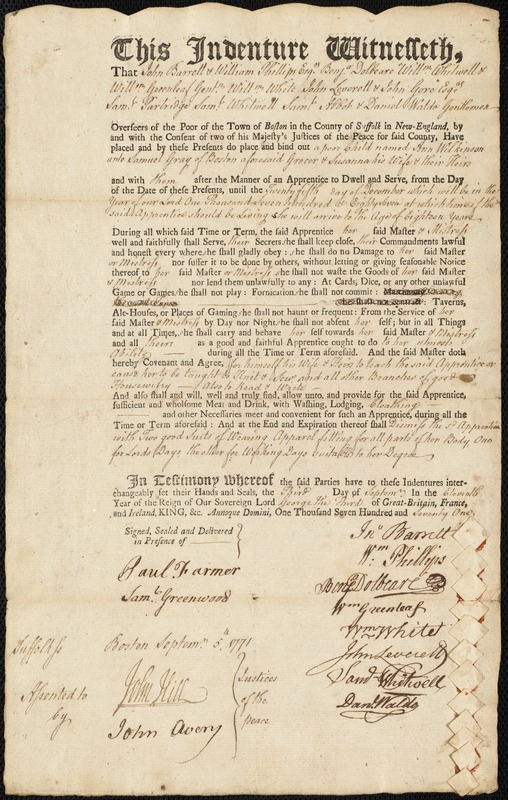 Ann Wilkinson indentured to apprentice with Samuel Gray of Boston, 3 September 1771