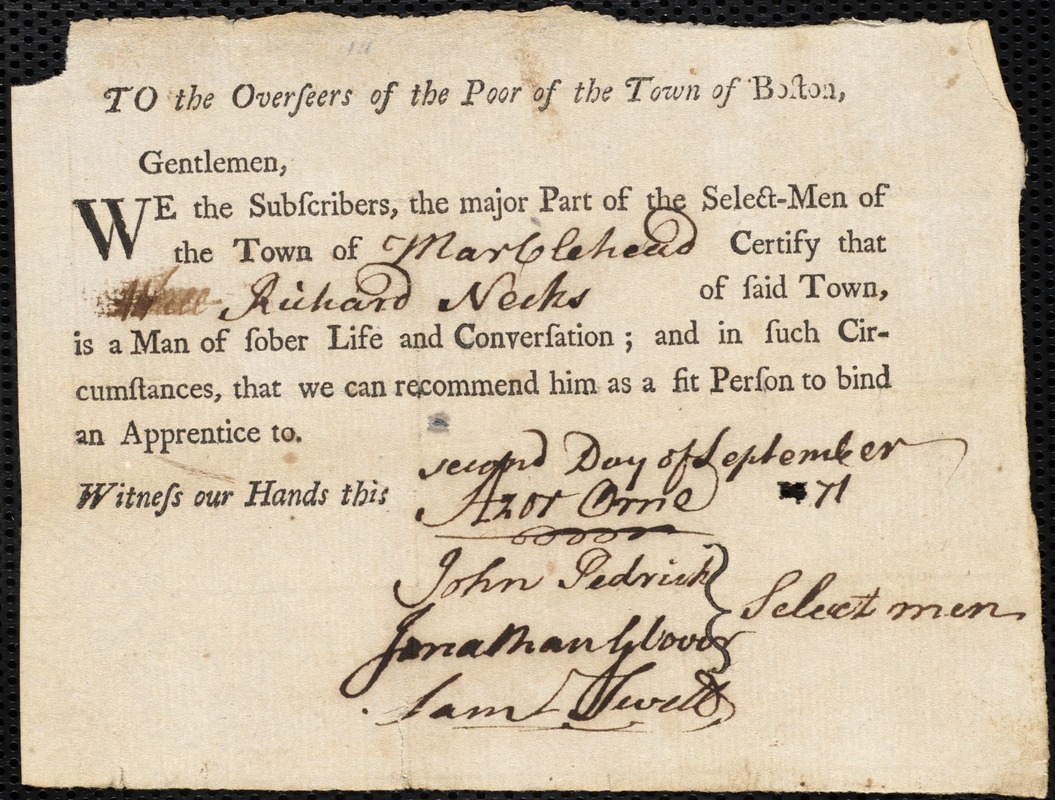 William Collins indentured to apprentice with Richard Neck of Marblehead, 4 September 1771