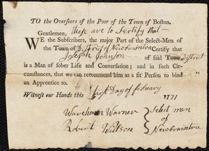 James Ranstead indentured to apprentice with Joseph Johnson of New Braintree, 19 February 1771