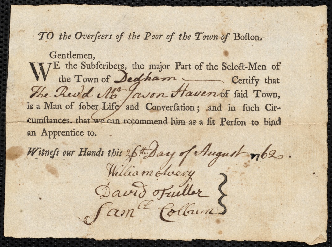 Thomas Akley indentured to apprentice with Jason Haven of Dedham, 6 November 1771
