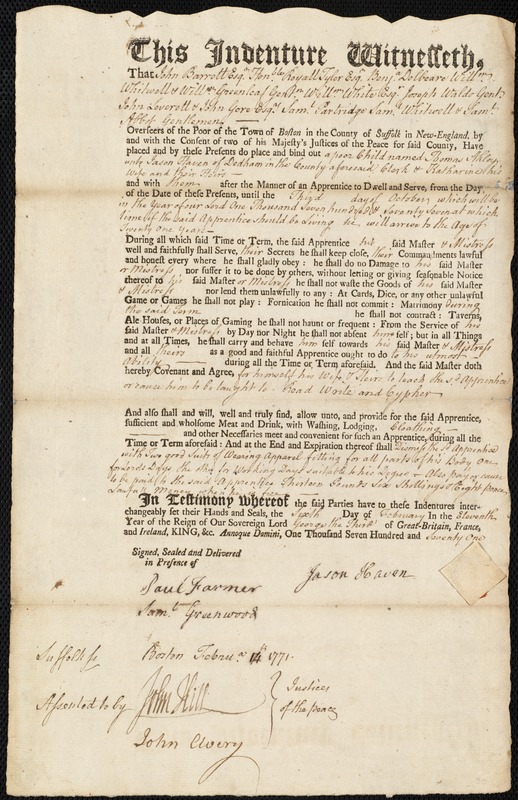 Thomas Akley indentured to apprentice with Jason Haven of Dedham, 6 February 1771