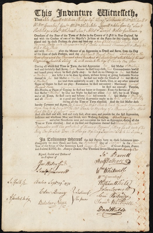 Phillip [Philip] Peak indentured to apprentice with Benjamin Scott of Boston, 19 September 1771