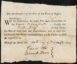 Jane Wiseaker indentured to apprentice with Elisha Gary of Barnstable, 26 December 1771