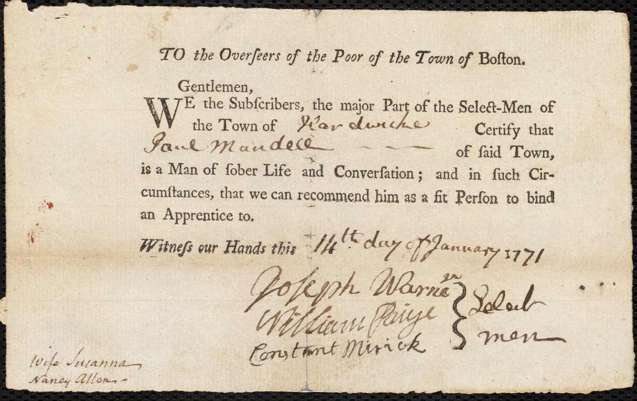 Ann Allen indentured to apprentice with Paul Mandell of Hardwick, 26 February 1771