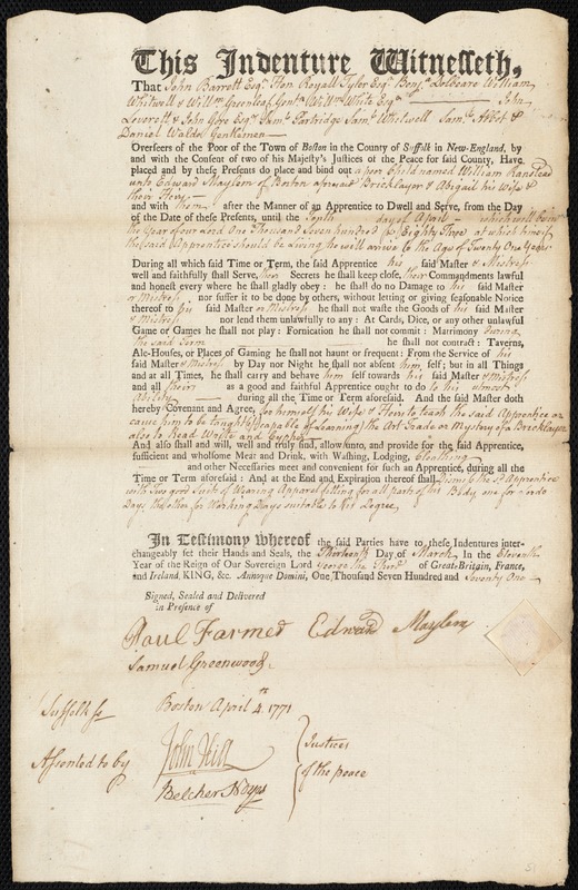 William Ranstead indentured to apprentice with Edward Maylem of Boston, 13 March 1771