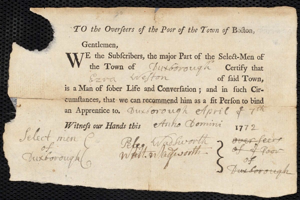 Mary McLary indentured to apprentice with Ezra Weston of Duxbury, 7 December 1771