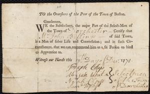 Elizabeth Warden indentured to apprentice with John Billings of Dorchester, 10 December 1771