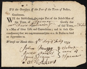 Timothy Foster indentured to apprentice with David Baldwin, Jr. of Spencer, 14 February 1771