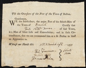 James Fling indentured to apprentice with Nathaniel [Nathanael] Downs of Harwich, 23 September 1771