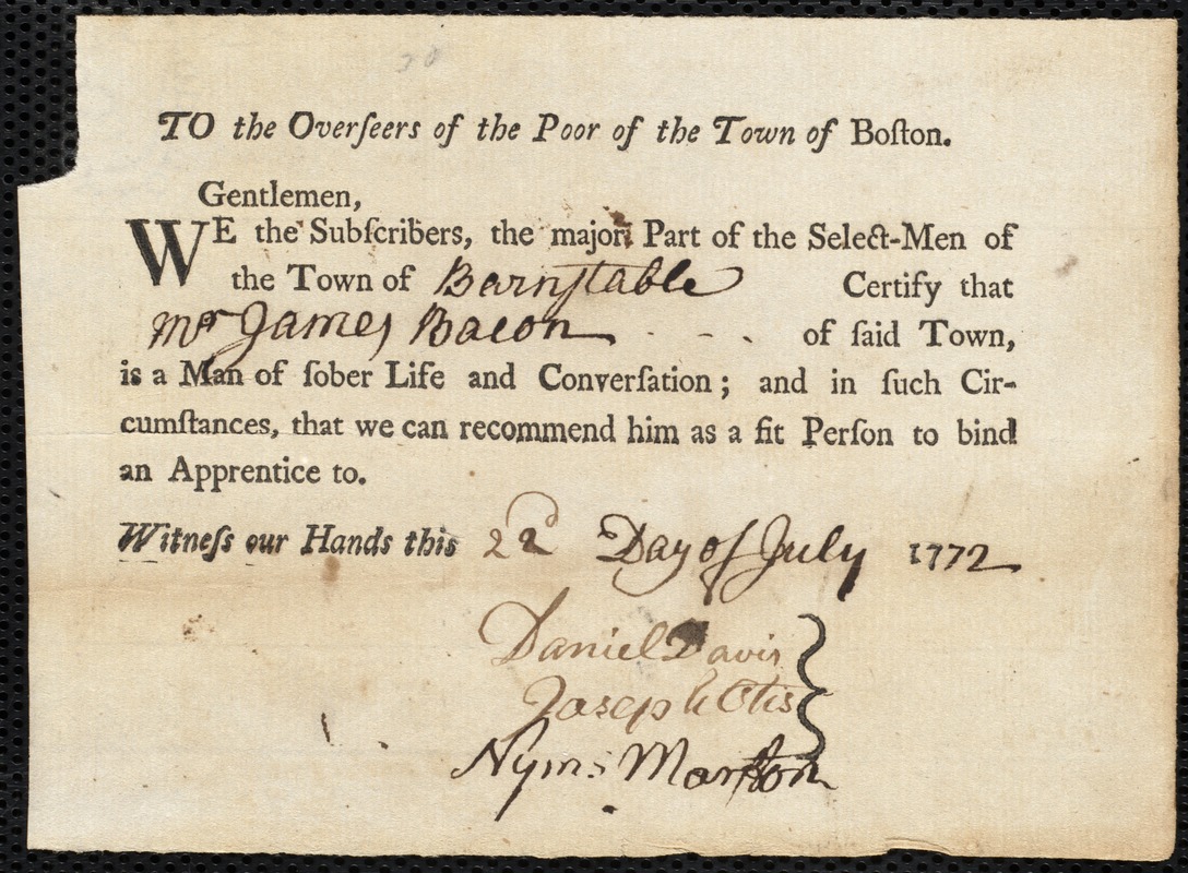 Thomas Bradley indentured to apprentice with James Bacon of Barnstable, 1 August 1772