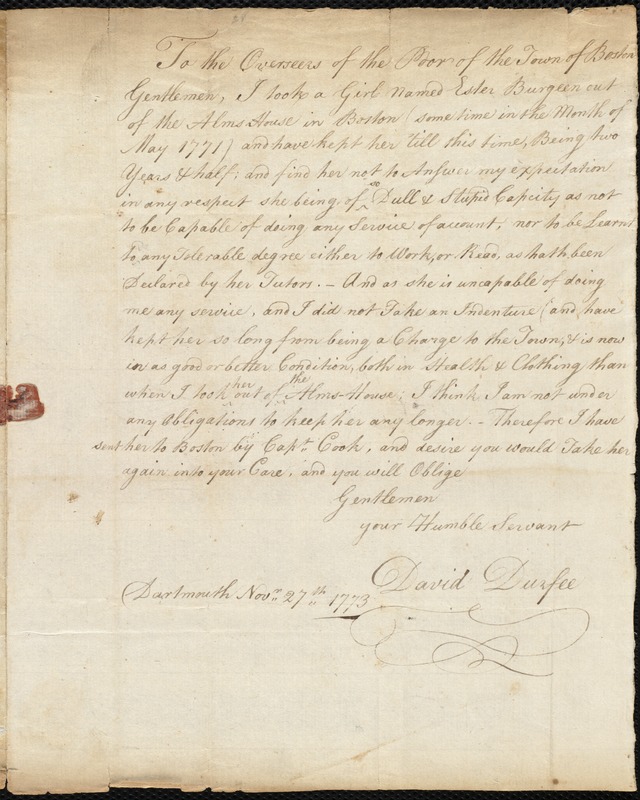 Esther Burgean indentured to apprentice with David Durfee [Durfy] of Dartmouth, 7 May 1771