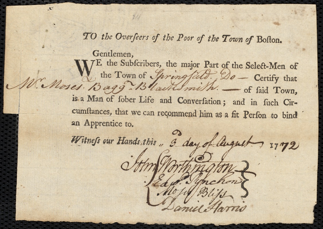Margarett Freestot indentured to apprentice with Moses Bagg of Springfield, 24 August 1772