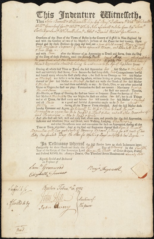 Mary Liswell indentured to apprentice with Benjamin Ingersoll of Boston, 5 February 1772