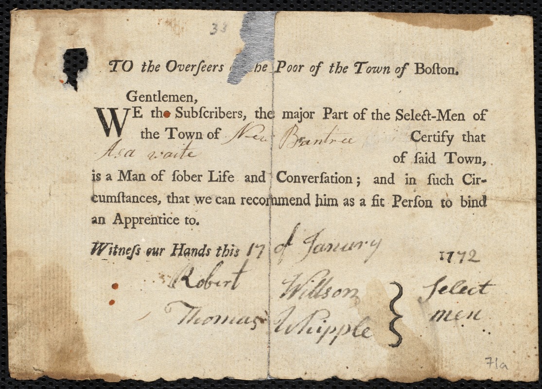 Susanna Jordan indentured to apprentice with Asa Waite of New Braintree, 22 January 1772
