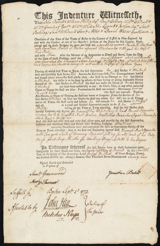 Elizabeth Barbour indentured to apprentice with Jonathan Balch of Boston, 28 August 1772