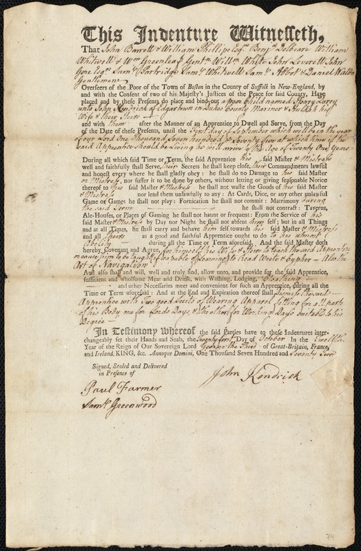 Henry Dorcy indentured to apprentice with John Kendrick of Edgartwon, 21 October 1772