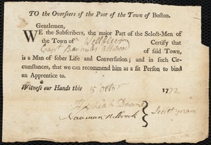 Thomas Cloud Reed indentured to apprentice with Barnabas Attwood of Wellfleet, 17 October 1772