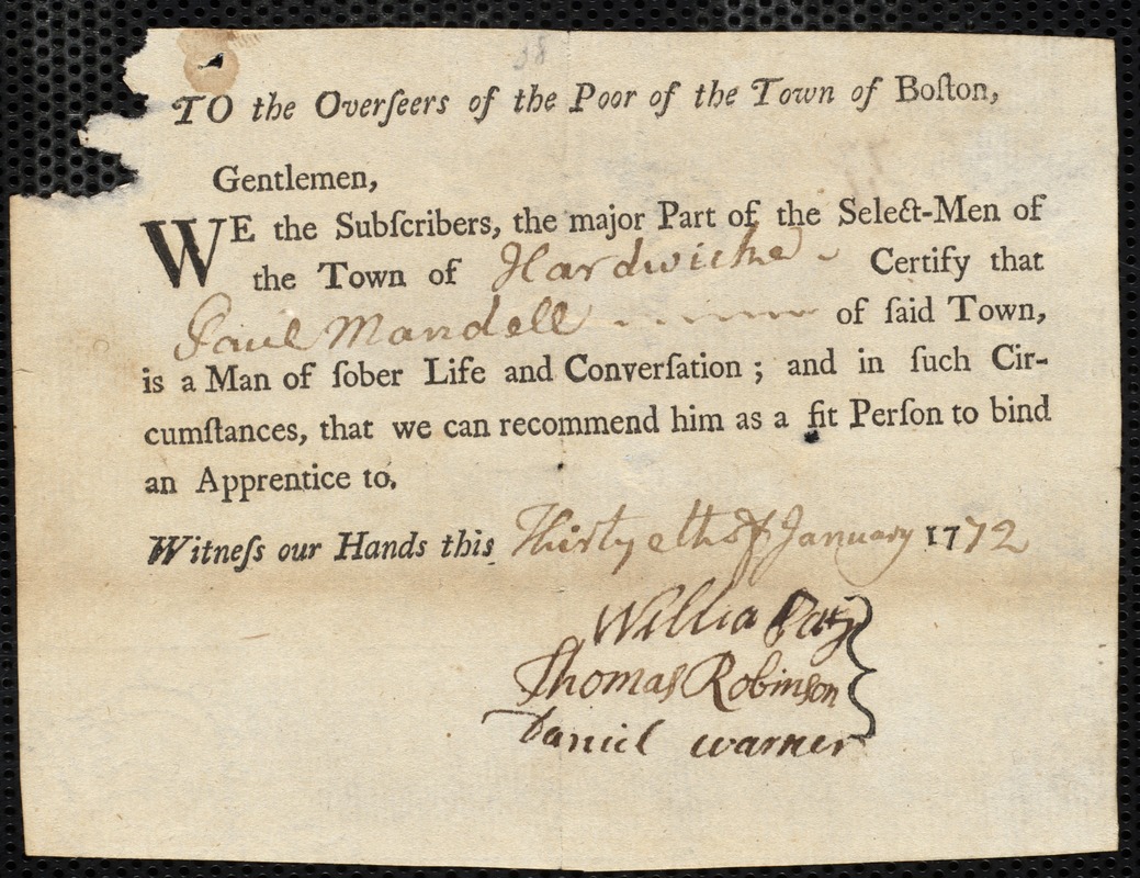 George Forbis indentured to apprentice with Paul Mandell of Hardwick, 6 February 1772