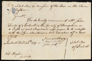 Samuel Prince indentured to apprentice with John Field of Amherst, 22 January 1772