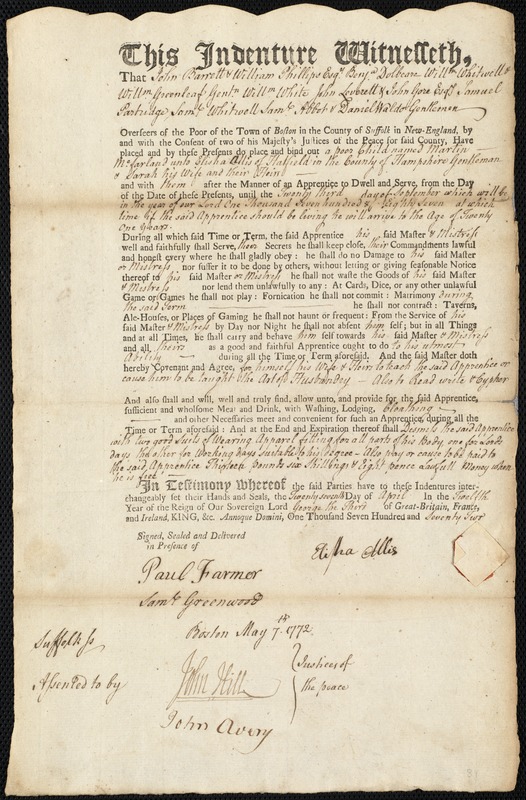 Martin McFarland indentured to apprentice with Elisha Allis of Hatfield, 27 April 1772
