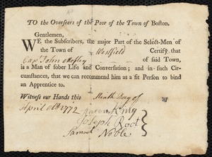 William Fullerton indentured to apprentice with John Mosely of Westfield, 7 January 1772