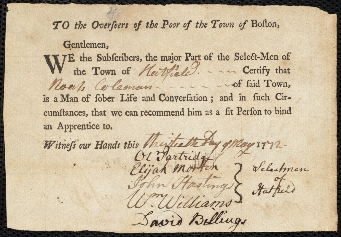 Joanna Williams indentured to apprentice with Noah Coleman of Hatfield, 15 June 1772