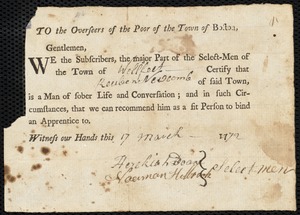 Henry Welch indentured to apprentice with Reuben Newcomb of Wellfleet, 7 April 1772