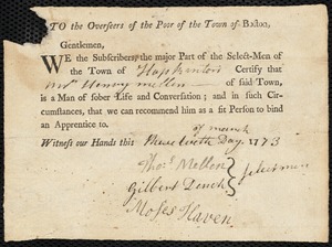 William Boardman indentured to apprentice with Henry Mellen of Hopkinton, 16 March 1773