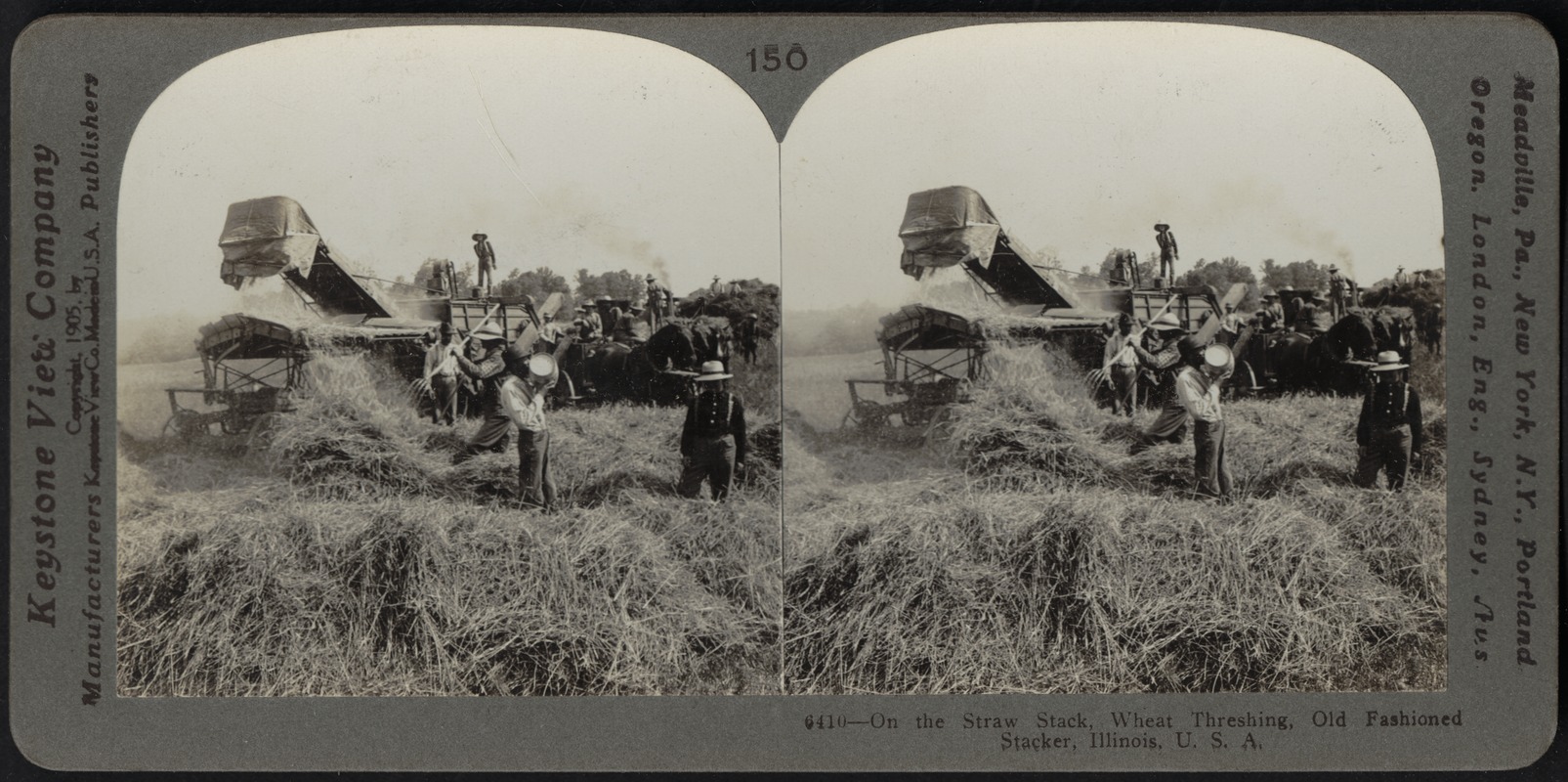 On the straw stack, old fashioned stacker, Illinois