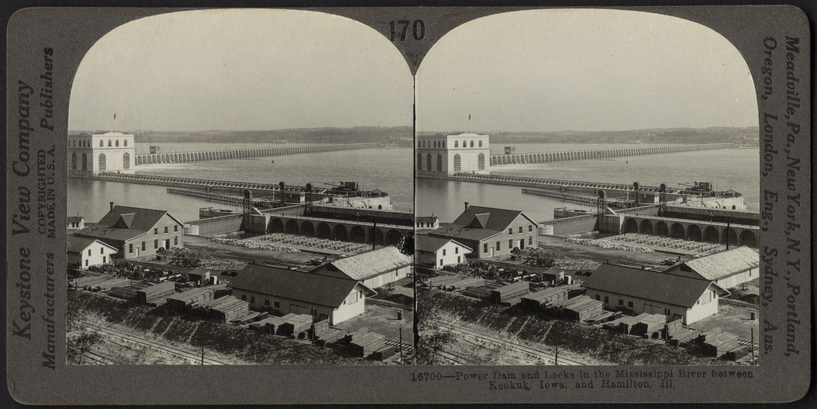 General view of the great power dam and locks in the Mississippi River at Keokuk, Iowa